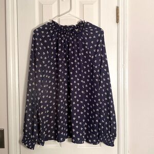 LOFT Navy and Cream Ruffle Blouse